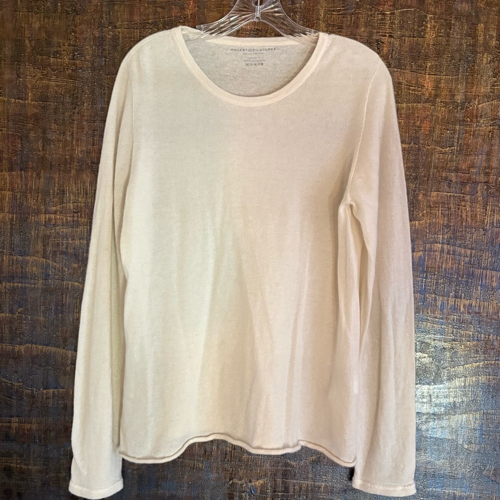 Majestic Filatures Deluxe Tee Shirt Long Sleeve in 100% cashmere Cream Sz 4 L